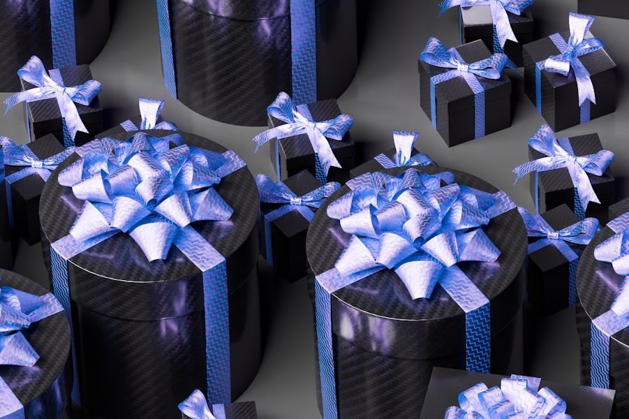 a group of black boxes with blue bows