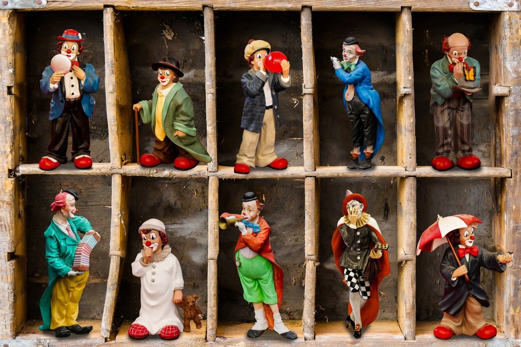 characters, clown, porcelain, fun, musical clown, collection, case, make music, shelf, compartment, wood, clown, clown, clown, clown, clown