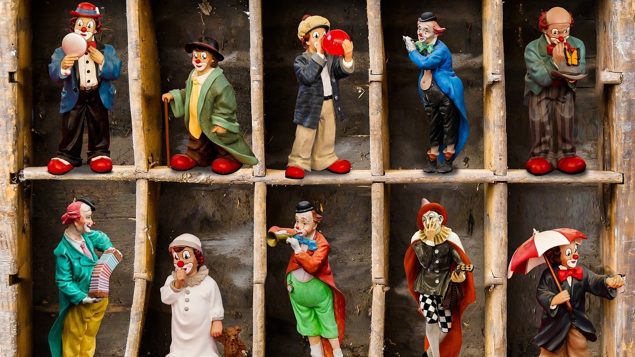 characters, clown, porcelain, fun, musical clown, collection, case, make music, shelf, compartment, wood, clown, clown, clown, clown, clown