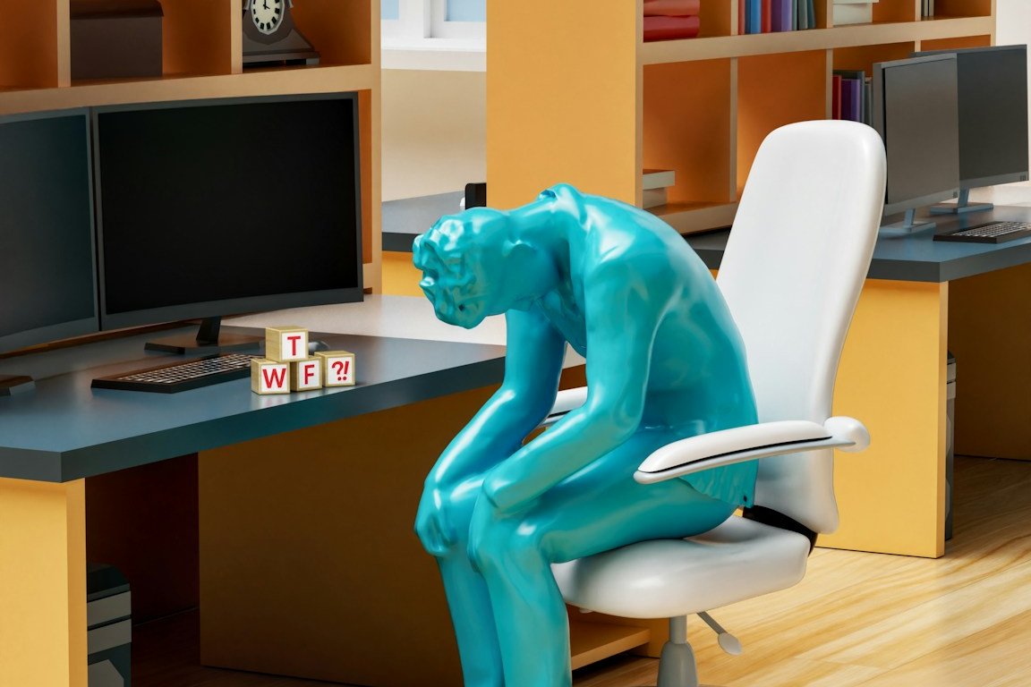 a statue of a person sitting on a chair in front of a desk